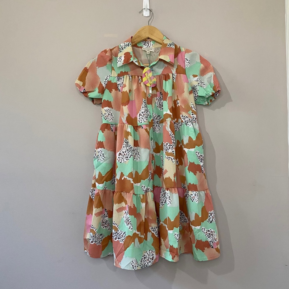 Hayden Girls Abstract Leopard Print Tiered Button Front Dress Small NWT